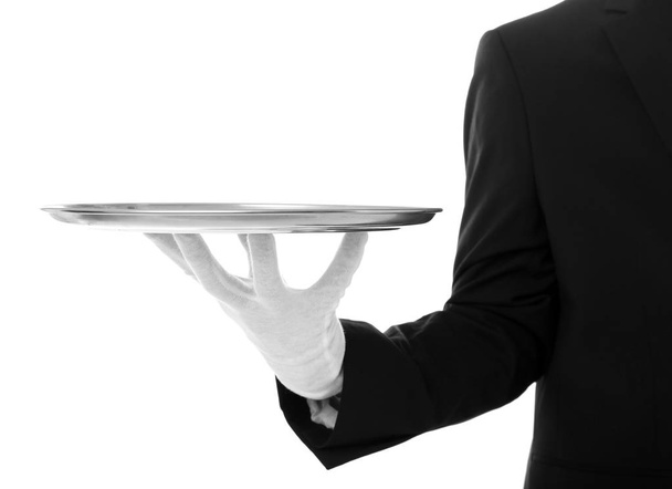 Waiter hand with tray - Fotoğraf, Görsel