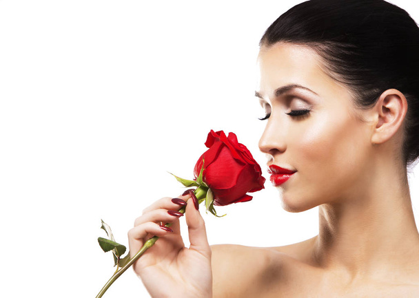romantic woman holding red rose on white background - Fotografie, Obrázek