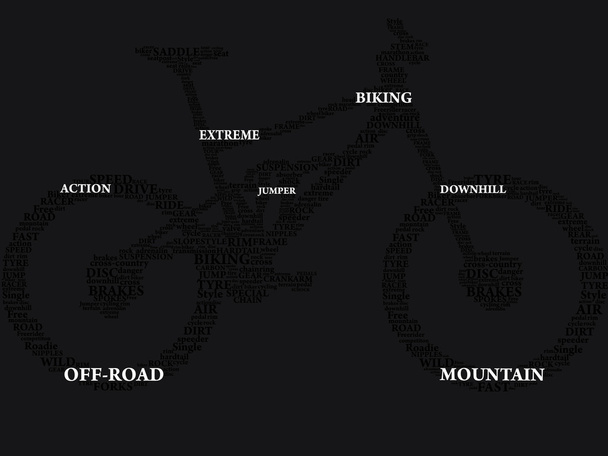 Silhouette of mountain bike in words - Vector, Image