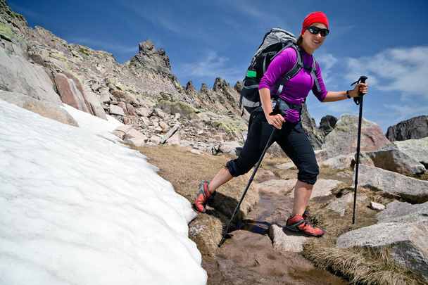kar ile dağlarda yürüyüş kadın - Fotoğraf, Görsel