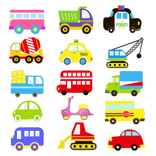 Vector de tema de transporte con coche, vehículo, camión, taxi, autobús turístico, tren. Un conjunto de colección de iconos lindo y colorido aislado sobre fondo blanco
 - Vector, Imagen