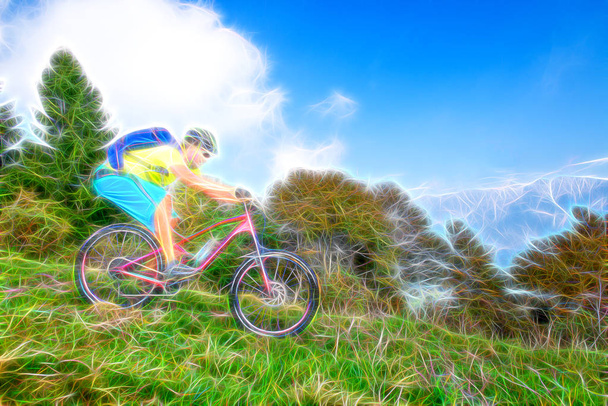 Outdoor-activiteiten. Man mountainbike downhill illustratie - Foto, afbeelding