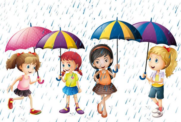 Four kids with umbrella being in the rain - Vector, Image