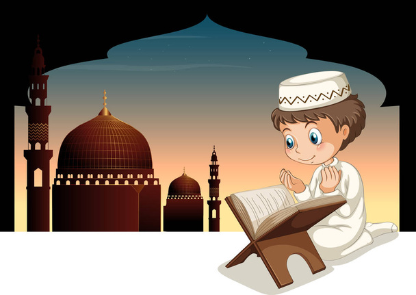 Muslim boy praying with mosque background - Vector, Image