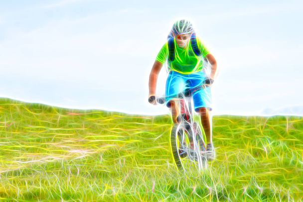 Açık hava etkinlikleri. Adam dağ bisikleti yokuş aşağı illüstrasyon - Fotoğraf, Görsel