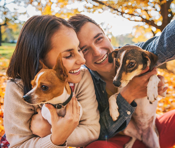 Smiling young couple with dogs outdoors in autumn park making se - Zdjęcie, obraz