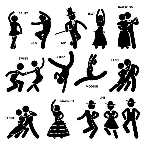 Tänzer Ballett Jazz Stepptanz Bauch Standardtanz Swing Break Modern Latin Tango Flamenco Line Stabfigur Piktogramm Ikone - Vektor, Bild
