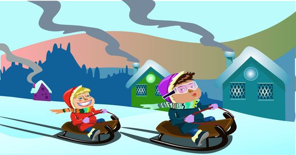 Kids on sledge christmas clip art - Photo, Image