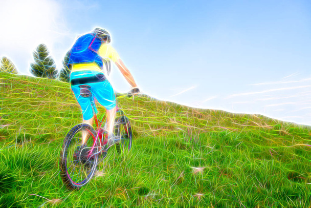 Actividades al aire libre. Bicicleta de montaña Hombre cuesta arriba Ilustración
 - Foto, Imagen