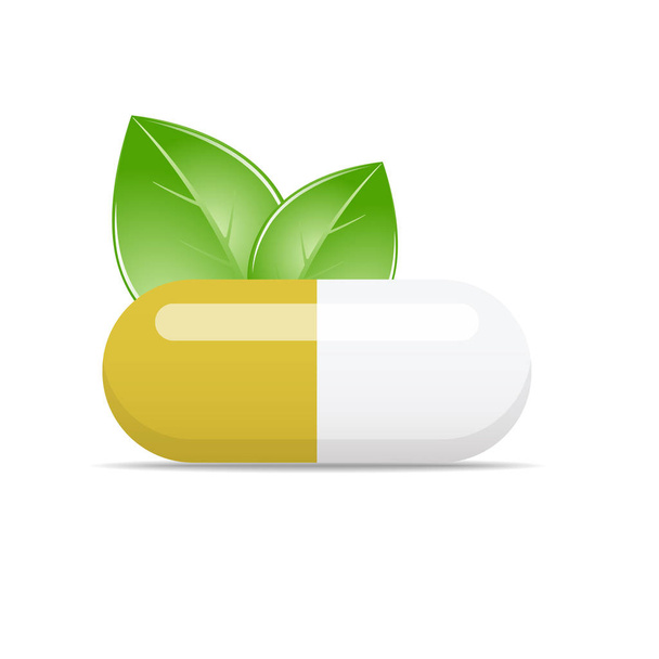Vector illustration of pill with green leaves - Vector, Image