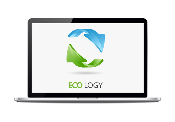 Recycling-Logo mit zwei Pfeilen auf dem Laptop-Bildschirm - Vektor, Bild