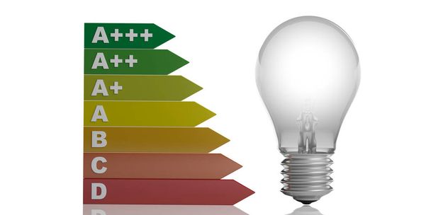 3d renderização classificação de eficiência energética e uma lâmpada de vidro
 - Foto, Imagem