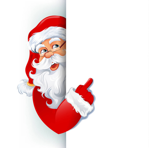 Feliz sorriso Papai Noel em pé atrás de um sinal, mostrando em grande sinal em branco. Ilustração vetorial. EPS10
 - Vetor, Imagem