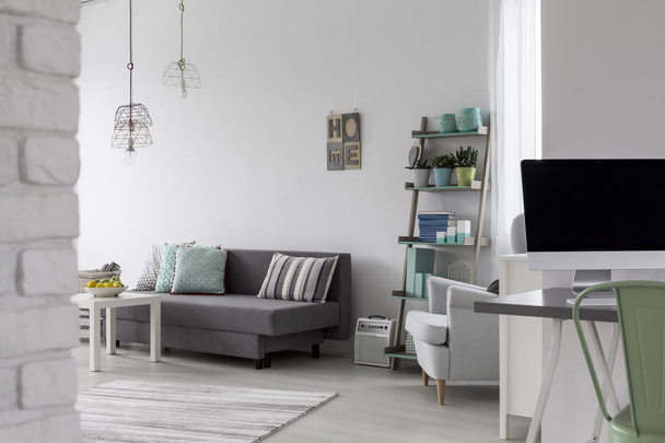 Woonkamer met grijze bank, koffietafel en witte fauteuil - Foto, afbeelding