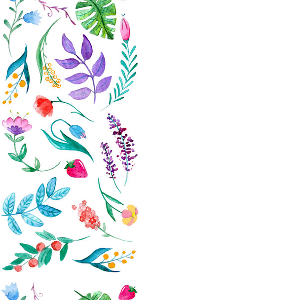 Watercolor pattern with flowers, tropical plants and leaves - Φωτογραφία, εικόνα
