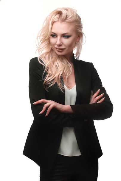 sexy lächelnde blonde Geschäftsfrau auf weiß isoliert - Foto, Bild