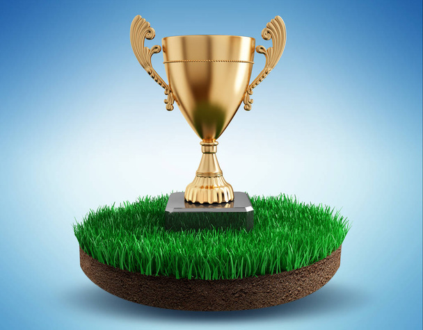 Gold cup winner trophy on an island of grass - 3d render illustration - Foto, immagini