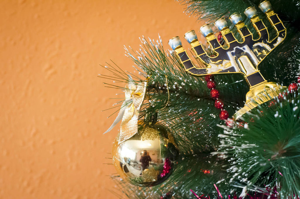 Jewish menorah on a Christmas (New Year) tree. - Photo, Image