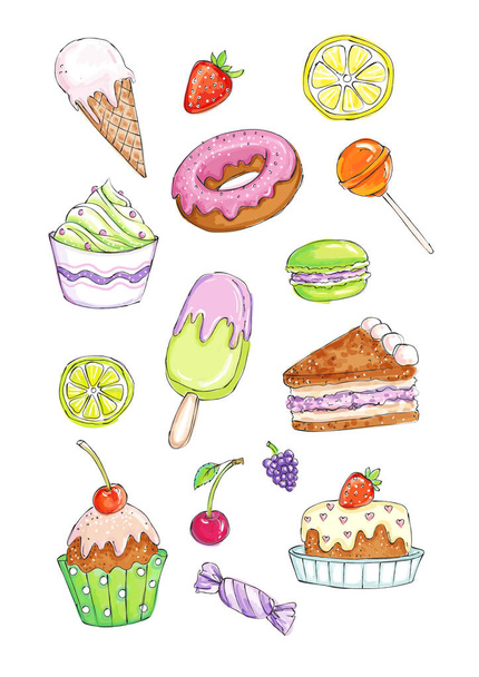 Conjunto de caramelos y dulces en alegres colores vivos sobre un fondo blanco
 - Vector, Imagen