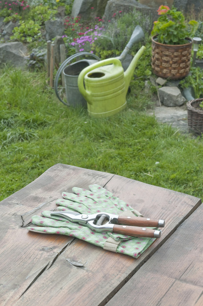 Outils de jardin sur table de jardin
 - Photo, image