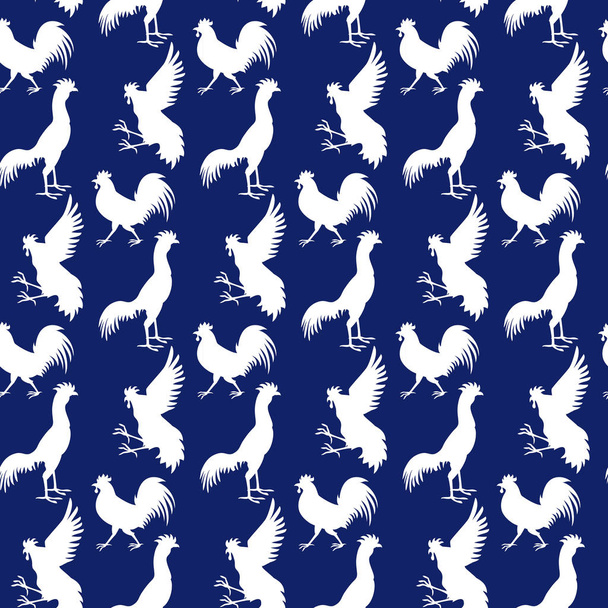 Seamless pattern background with white roosters on the blue back - Вектор,изображение