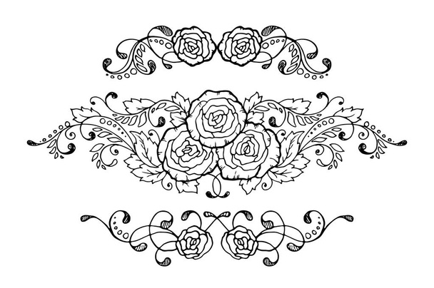 Set of six hand-drawn calligraphic floral design elements and page decoration. Vector illustration with roses - Vector, Image
