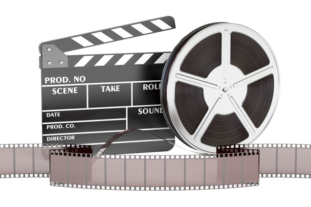 Free: Film reels; film strips and clapperboard with popcorn box on blue  background Free Photo 