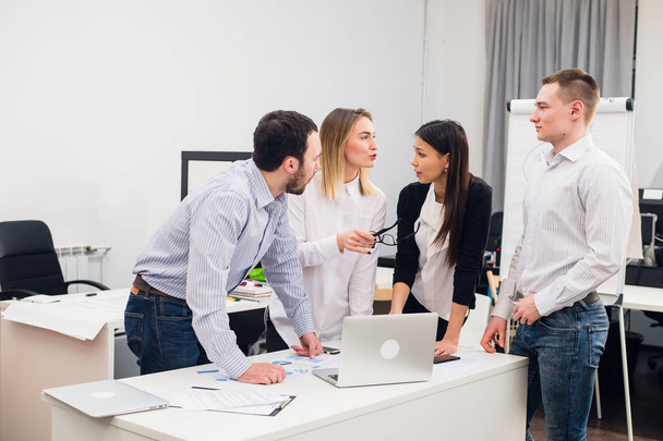 Group Young Coworkers Making Great Business Decisions.Creative Team Discussion Corporate Work Concept Modern Office.Startup Marketing Idea Presentation. - 写真・画像
