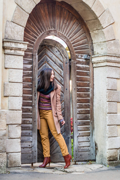 Tyttö lähellä vanha puinen portti
 - Valokuva, kuva