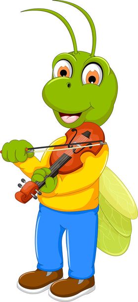 funny green grasshopper cartoon playing violin - Vector, Image