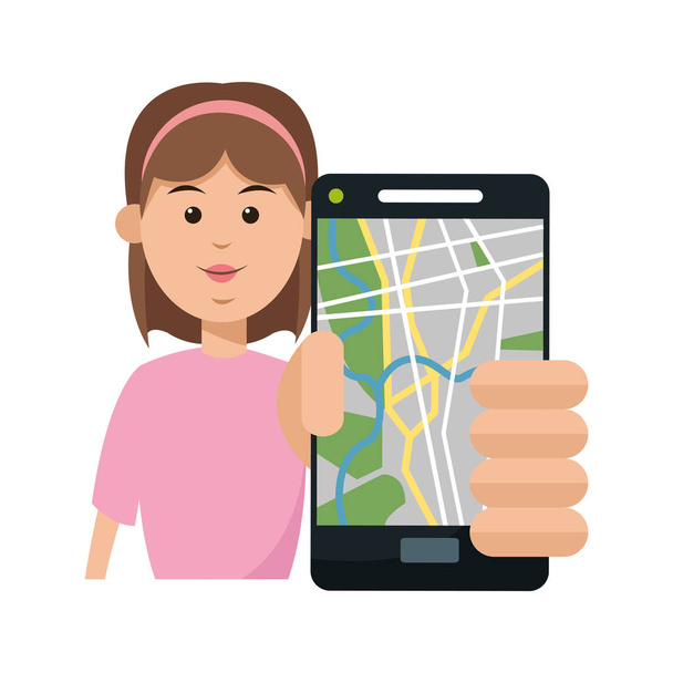 Frau und Smartphone mit GPS-App-Design - Vektor, Bild
