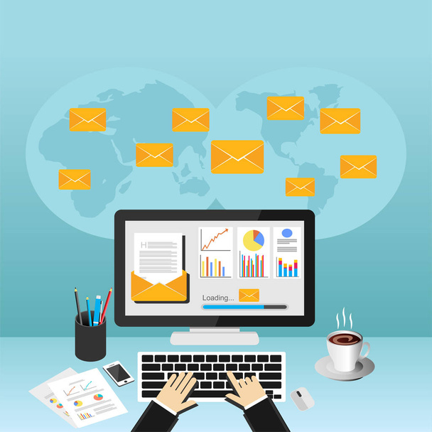 Biznesmen, wysyłania lub odbierania wiadomości e-mail. Firmowy adres e-mail marketingu. Ogłoszenie e-mail. - Wektor, obraz