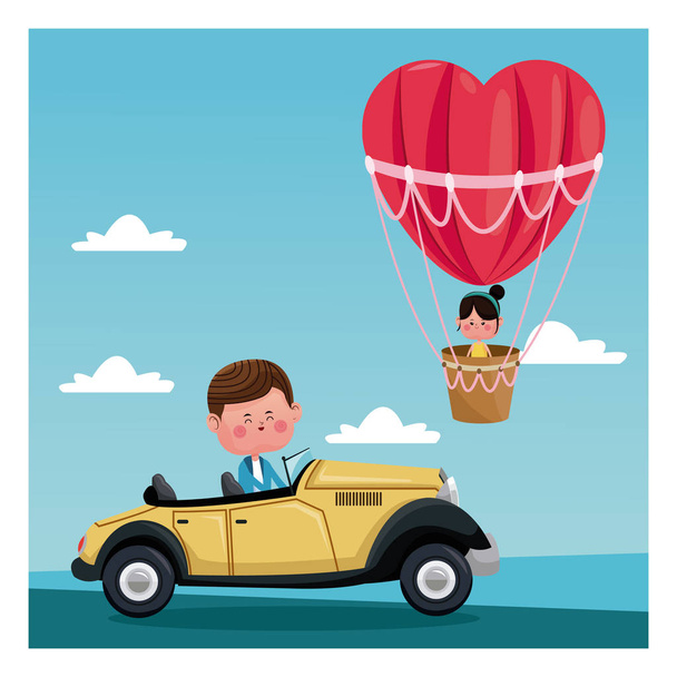 ragazzo driver classico auto ragazza volante cuore airballoon San Valentino
 - Vettoriali, immagini