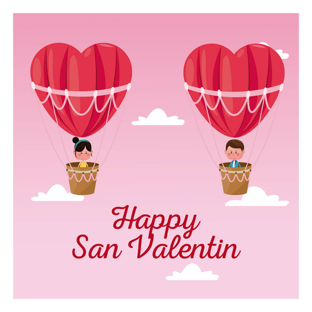 boldog san Valentin fiú és lány repülő szív airballoon Valentin-nap rózsaszín ég - Vektor, kép