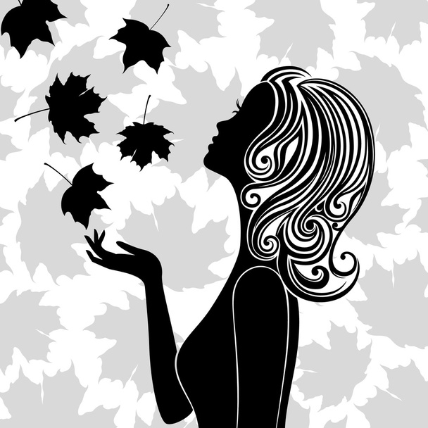Silhouette of young woman with flying leaves - Vektor, obrázek