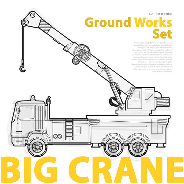 Crane, yellow and orange typography set of ground works machines vehicles. - Vector, Image