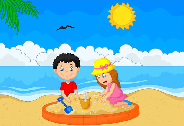 Děti si hrají písek na tropické pláži - Vektor, obrázek