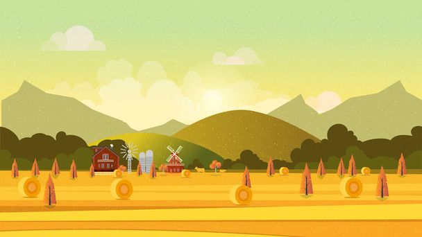 Деревенский пейзаж с стогами сена на полях. Сельская местность. Седые тюки. Ферма плоская. Концепция органических продуктов питания для любого дизайна
 - Фото, изображение