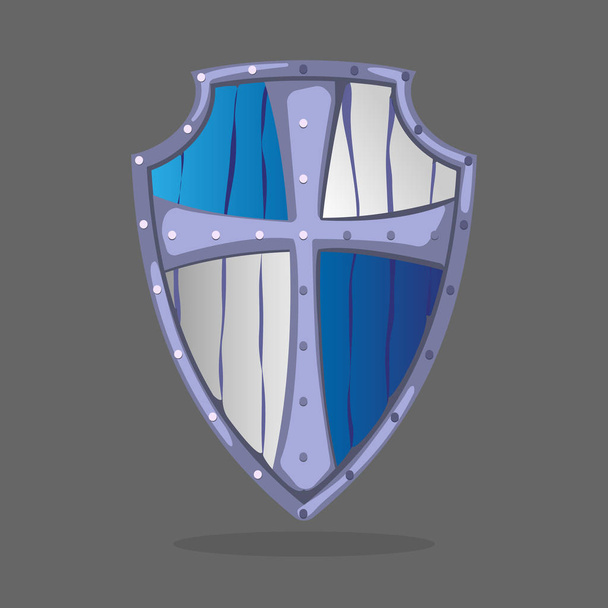 Houten armor schild, blauwe en witte kleuren met crest embleem - Vector, afbeelding