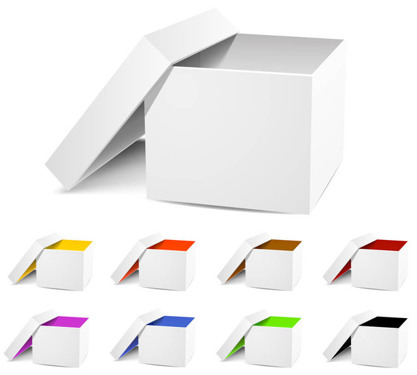 Caja abierta blanca y colorida aislada sobre un fondo blanco. Ilustración vectorial. Imagen tridimensional 3D
 - Vector, Imagen