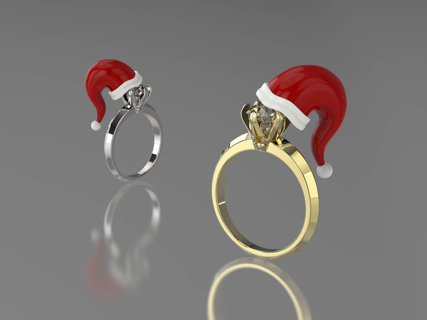 3D illustration two silver and gold rings with a diamond with Santa Claus hat on a gray background - Foto, Bild