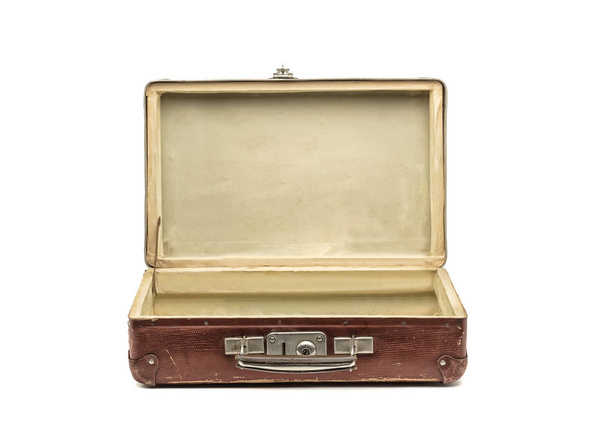 Old vintage suitcase opened front isolated on white - Foto, immagini