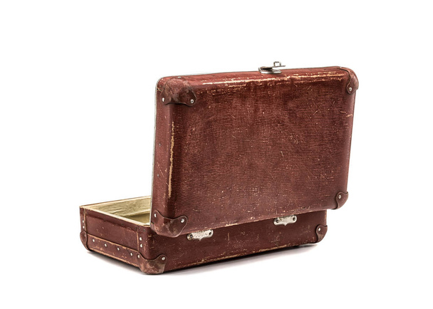 Old vintage suitcase opened front isolated on white - Фото, изображение