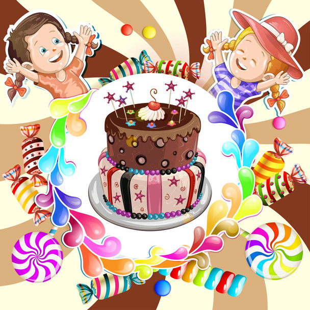 Ilustración de niños con pastel de cumpleaños de chocolate y dulces
 - Vector, imagen