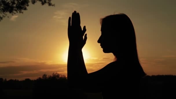 Młoda kobieta modli się w lesie o zachodzie słońca - Materiał filmowy, wideo