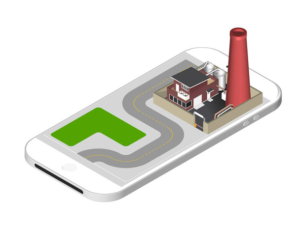 Ισομετρική εικονίδιο που αντιπροσωπεύει εργοστάσιο κτίριο με ένα σωλήνα, cisternae, φράχτη με ένα εμπόδιο - στέκεται στην οθόνη του smartphone. Εικονογράφηση διάνυσμα που απομονώνονται σε λευκό φόντο. - Διάνυσμα, εικόνα