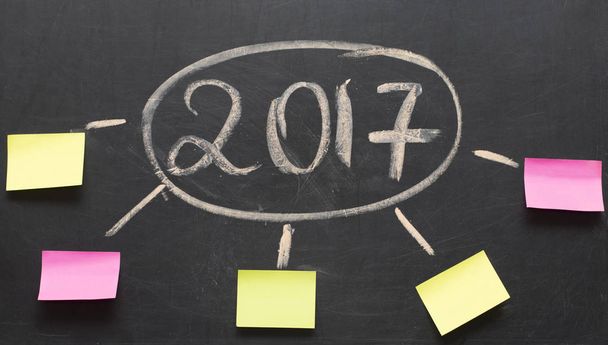 objetivos de ano novo ou resoluções - notas pegajosas em um quadro-negro
 - Foto, Imagem