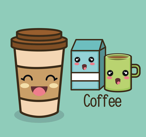 cartoon set coffee cup milk - Vetor, Imagem