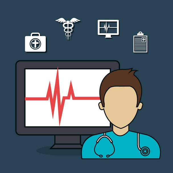 set doctor laptop services medical isolated - Vector, Image