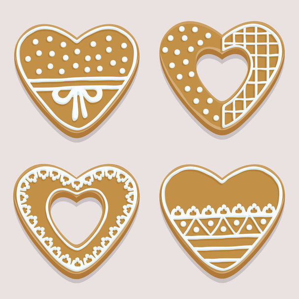 Four tasty heart-shaped gingerbreads on a table - Vector, Image